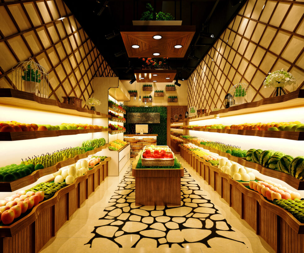 Grocery aisle lined with gondola shelving and produce displays