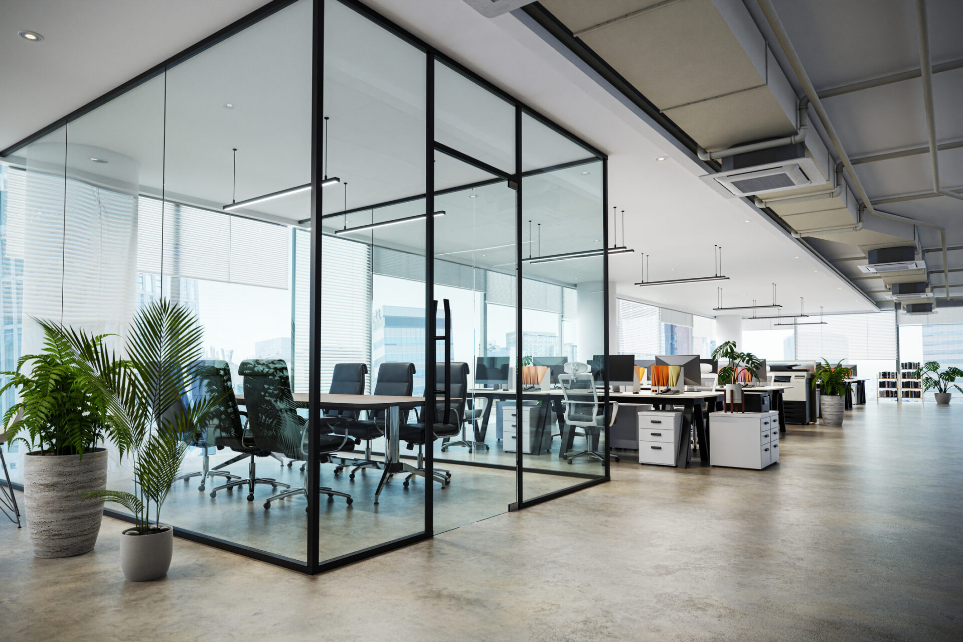 white color theme modern style office with exposed concrete floor and a lot of plant, 3d rendering Commercial Building Construction and Design